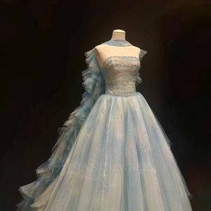 Nt21 Light Blue Chiffon Appliques Beaded Strapless Quinceanera Maxi Ball Gown Dress for 15 Year Old for - Product Image 3