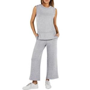 Set da donna europeo americano estivo in due pezzi nuovo stile Casual senza maniche ampio collo ampio <span class=keywords><strong>pantaloni</strong></span> <span class=keywords><strong>con</strong></span> <span class=keywords><strong>spacco</strong></span> tinta unita lungo - Product Image 5