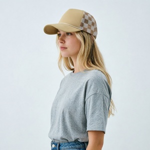 Custom Logo Retro Checkered Mesh Back Trucker Hat with Rope 5 Panel Blank Foam Snapback Baseball <b>Cap</b> for Men <b>Women</b> - Product Image 3