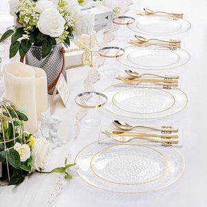 Assiettes jetables en plastique doré martelé, robustes avec bord doré, sans BPA, pour mariages, fêtes et événements - Product Image 6