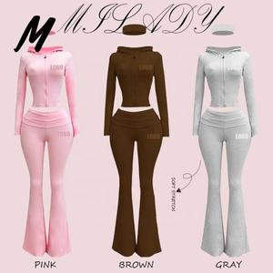 Custom Slim Fit Tweedelig Zip-up Hoodie Jack en Broek Set Hoge Kwaliteit 2-delig Cropped Top Trainingspak Loungewear Set - Product Image 1