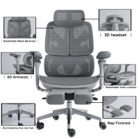 Chaise de bureau ergonomique haut de gamme à dossier haut, en maille grise, réglable, pour le gaming, avec accoudoirs 6D, pivotante et style de dossier personnalisable