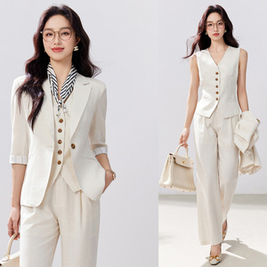 Women's Linen Three Quarter Sleeve Blazer Suit Set Lightweight Breathable Elegant Business Commute Interview Style - Product Image 1