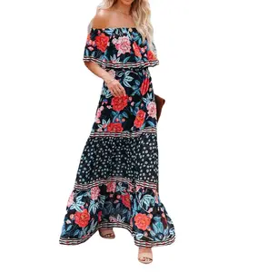 2022 High quality plus size Summer Women Ladies polyester off shoulder Embellished vacation holiday casual Dress