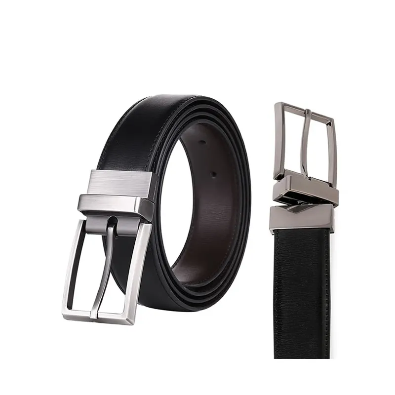 Logotipo personalizado OEM ODM Pin hebilla de cinturón de los hombres de cuero de vaca de cuero genuino cinturones giratorio Reversible doble negocio vestido