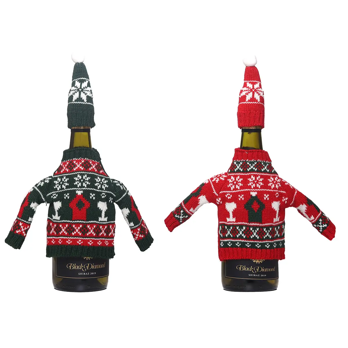 QYクリスマスデコレーション: 北欧ニットウール、ワインカバー、ウールアクリルシャンパンセットクリスマステーブル雰囲気デコレーション小道具