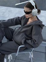 Sweat à capuche streetwear ample en polaire pour femme, style transfrontalier, nouvelle collection 2026, couleur unie, avec fermeture éclair et cordon de serrage à la cheville