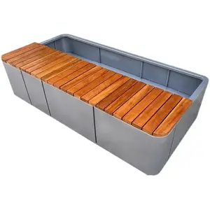 Wholesale Long Outdoor Planters Metal Galvanized Steel Flower Pot Anticorrosive Solid Wood Benches Seats