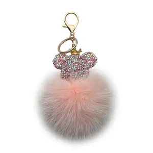 Hot sales Fur Fluffy bling rhinestone Cute Bear head keychain women bag car Luxury fashion Pendant keychains for Gift