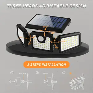 Luces solares de seguridad IP65 impermeables, 3 cabezales, Sensor de movimiento giratorio, ajustables, 118 LED, luz de pared para exteriores