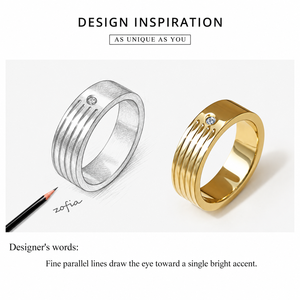 Bague en acier inoxydable doré avec zircon, plaqué or 14K sous vide, large bande rainurée à accent unique - Product Image 2