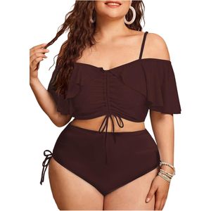 Ensemble tankini deux pièces grande taille pour femme, maillot de bain à épaules dénudées, volants et cordon de serrage, taille haute - Product Image 1