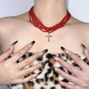 N & S Nouvelle Mode Collier Pendentif <span class=keywords><strong>Croix</strong></span> Perlée Multicouche Chaîne Ras Du Cou De Luxe pour les Fêtes en Acier Inoxydable Chaudes et Fraîches - Product Image 1