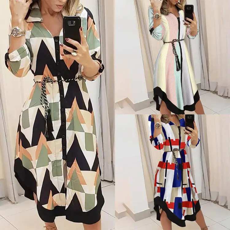 Summer Accept V Collar Long Sleeve Printed Dresses Amazon Blockbuster Women's Long Loose Wear