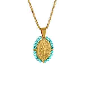 HB0617 <strong>Best</strong> Selling 20*30mm Stainless Steel Turquoise Oval Bead Charm Pendant s Steel Circular Virgin Mary <strong>Necklace</strong> Wholesale - Product Image 6