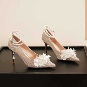 Escarpins de mariée à bout pointu, talon aiguille, bride cheville, décoration florale, doublure satinée, chaussures de mariage à talon haut 6681Y-205 - Product Image 3