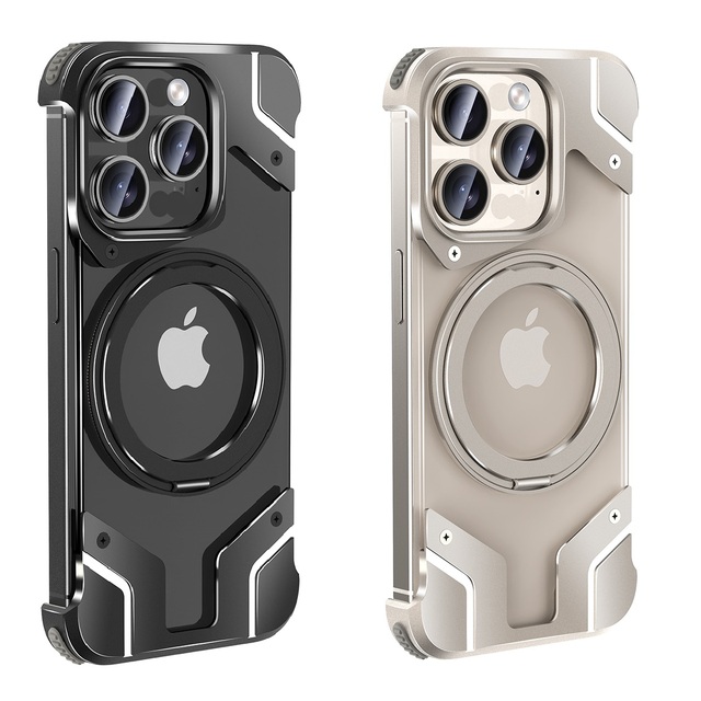 Luxury Magnetic Rimless Metal Phone Case for iPhone 16 15 14 Pro Max / 16 15 14 Pro Aluminum Stand Shell Clear PC Back Cover