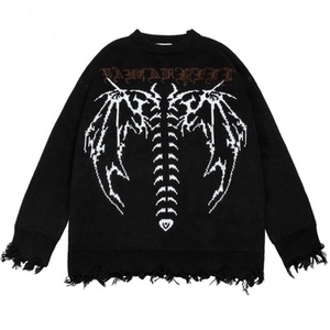 Pull en tricot effiloché Hip Hop pour hommes, imprimé gothique lettres chauve-souris squelette, pull pour femmes, pull de rue d'automne, punk, chaud - Product Image 6