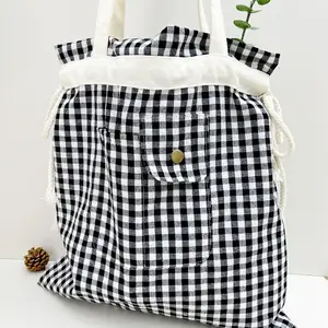 Bolso con cordón de algodón de lona y bolso de cuerda de mano patrón blanco y negro bolso de hombro de estudiante de niña