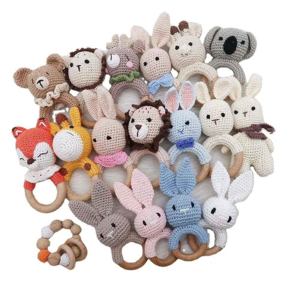 Allogogo Cute Cartoon Unisex Stuffed Animals Newborn Teething Toys Silicone Babies & Wooden Crochet Rattle Rabbit Toy