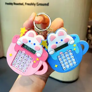 Cartoon Mini Calculator Keychain Cute Teacup Rabbit Calculator Car Key Pendant Creative Educational Toy Gifts Key Chain