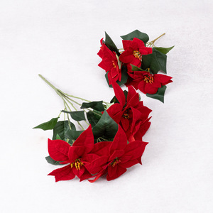 Fleurs artificielles de poinsettia en soie pour le Nouvel An, décorations de maison, paniers floraux pour l'inauguration, fleurs ornementales artificielles pour la mise en scène, Chine - Product Image 2