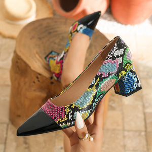 Xuanhui Hot Sale Fashion Elegant Style Point Toe Snake Skin <strong>Patching</strong> 5.2cm square Heel Pumps <strong>Shoes</strong> for Women - Product Image 1