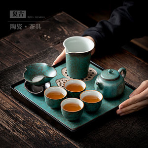 Juego de té de cerámica retro estilo Kung Fu con tetera, tazas y bandeja para uso en el hogar u oficina, cerámica Dehua, estilo simple. - Product Image 1