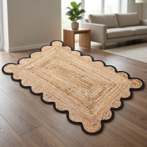 Tapis d'intérieur rectangulaire en jute naturelle tressée 2x3 pieds avec bord festonné noir, style moderne, pour salon et décoration intérieure - Product Image 3