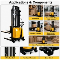 Gerbeur semi-électrique en gros 1500 kg, levée 2000 mm, mât repliable 1580 mm, fourches étroites/larges 560/685 mm, hauteur de levée 1150 mm, hauteur totale 88 mm