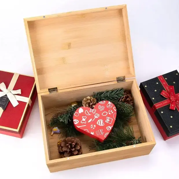 Grande boîte en bois avec couvercle à charnière-Cachette noire Boîte de rangement en bois-Boîtes décoratives