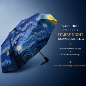 Parapluie de voyage compact 3 plis entièrement automatique, design moderne, imprimé artistique, logo personnalisé pour adultes, vente en gros - Product Image 6