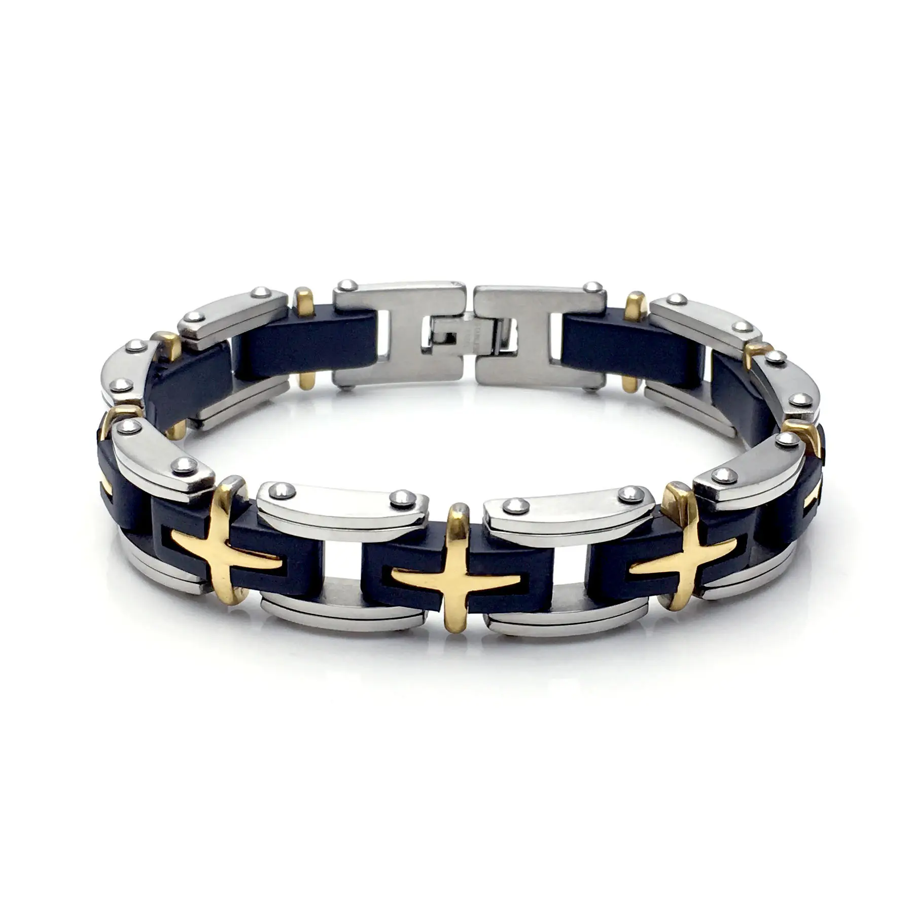 Religious High Quality 316L Stainless Steel Rubber Black Silicone Gold Silver Cross Fashion Jewelry Bracelet bangle Men's