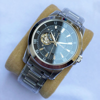Jam Tangan Mekanik Valerius untuk Pria, Dial Hitam Berlubang Model Open Heart, Tali Baja