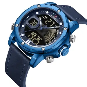 Preferred brand NF9172 dual display multi time mode leather black sports watches men wrist waterproof digital black technology