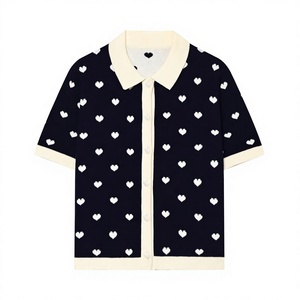 <b>Women</b> Summer Heart Jacquard Knitted <b>Cardigan</b> <b>Short</b> Sleeve Turn-Down Collar Button Front Sweater - Product Image 3