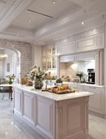 Ensemble de meubles de cuisine modulaires en MDF peint, design moderne et personnalisé en forme de L, pour appartements et chambres, avec design graphique.