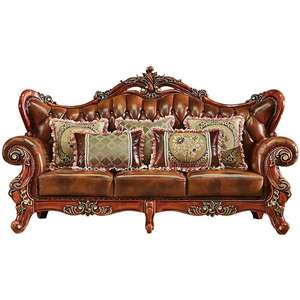 Divano da salotto di lusso in stile europeo in legno massello doppio lato intagliato di alta qualità in stile americano Top-strate di vacchetta nuovi mobili - Product Image 5