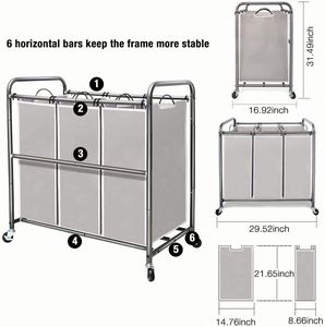 3 Section Laundry Sorter 3 Bag Laundry Hamper <b>Cart</b> with Heavy Duty Rolling Lockable Wheels and Removable Bags Laundry Organizer - Product Image 3
