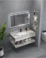 Meuble sous-vasque double vasque en dalle de roche de luxe moderne avec miroir LED tactile lumineux et garantie de 5 ans pour salles de bain d'hôtel