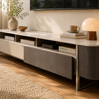 Meuble TV de luxe élégant et moderne, en marbre écologique et durable, couleur crème beige, console arrondie pour salon