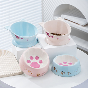 Bol en céramique pour chat, design antidérapant, pour eau et nourriture, forme arrondie, motif fleur de cerisier - Product Image 2