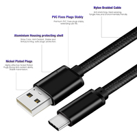 Cable de datos USB tipo C de 1m, 2m, 3m, 2.4A, PVC/TPE/nailon, venta al por mayor