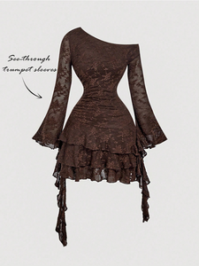Custom <strong>Plus</strong> <strong>Size</strong> Brown Lace One Shoulder Mini Dress Tiered Ruffle Bell Sleeve Sexy Bodycon Western Cowgirl Cottagecore Summer - Product Image 3