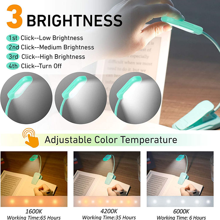 FLED N016 Rechargeable LED Book Light - 3 Color Temperatures for Reading in Bed