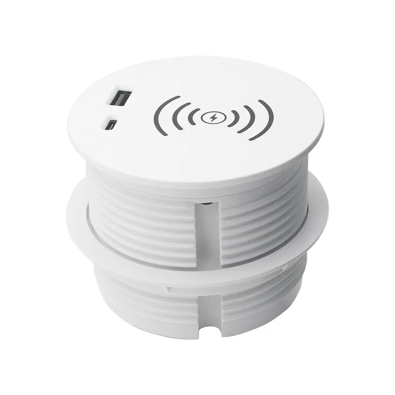 recessed 90mm round white color grommet 15W fast desk sofa wireless charging outlet with PD20W USB A and C charge port