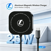 Cargador Inalámbrico Rápido de 25W con Carcasa Metálica, Potente Absorción Magnética y Cable de Carga Trenzado de 1.2m para iPhone 17/16