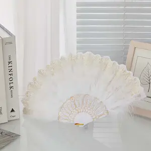 Hot Sale Fashion Foldable Lace Satin Feather PU Hot Stamping Plastic Bone Handfan Nice Sex Lace Hand Fan For Wedding Custom Fan