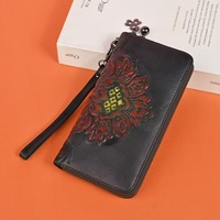 Dompet Wanita Vintage dengan Resleting, Kulit Sapi Asli, Tempat Kartu dan Ponsel, Lapisan Poliester