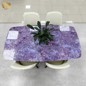 Desain meja makan minimalis pink ungu kaca porselen mebel emas mengkilap Nordik mewah modern marmer meja makan